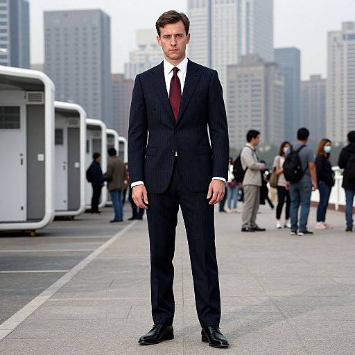 Photograph of a serious, tall white man in a black pinstripe suit, white shirt, and maroon tie, standing on a busy city