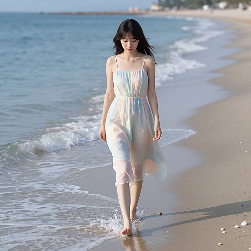 Photograph of an Asian woman with black hair, wearing a white, semi-sheer dress, walking barefoot on a sunny, sandy beach with