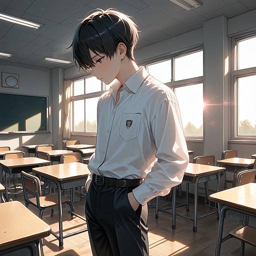 Solo Boy in Classroom with Lens Flare