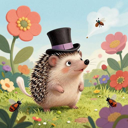 Digital illustration of a cute hedgehog wearing a black top hat, standing in a vibrant, flower-filled meadow with colorful butterflies.