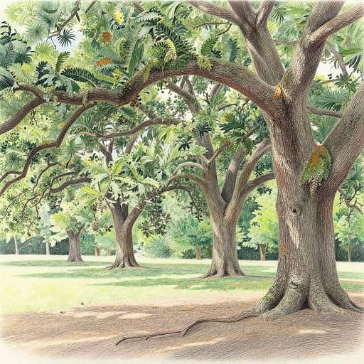 Photograph of a sunlit, serene park with large, gnarled trees featuring thick trunks and lush green foliage, casting dappled shadows