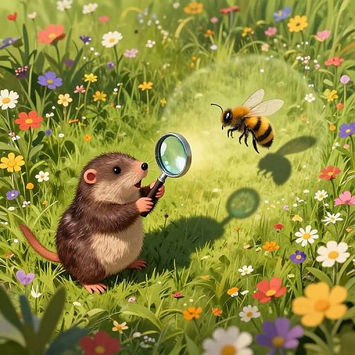 Digital illustration: Curious brown ferret with magnifying glass examining hovering bee, surrounded by vibrant, colorful wildflowers in a sunny meadow.