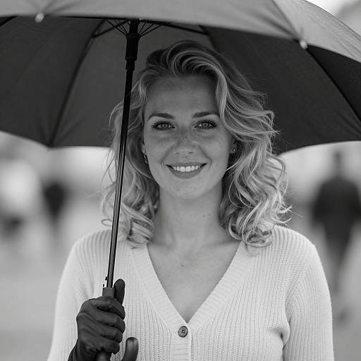 Smiling Woman Holding Umbrella in Black and White