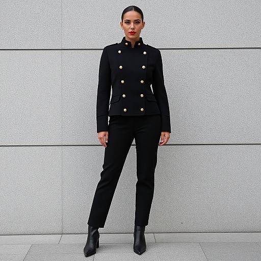 Photograph of a confident woman with slicked-back hair, wearing a black double-breasted coat with gold buttons, black pants, and black ankle boots
