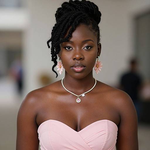 Photograph of a beautiful, dark-skinned woman with braided hair, wearing a pink strapless dress, pink flower earrings, and a silver necklace