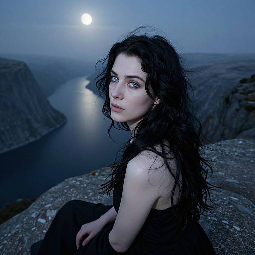 Photograph of a pale-skinned woman with long, wet black hair, blue eyes, and wearing a black dress, sitting on a rocky cliff at