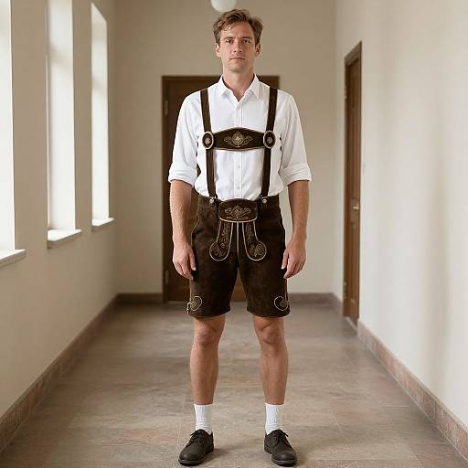 Photograph of a young man in a white shirt, black suspenders, and shorts standing in a sunlit hallway wearing black shoes.