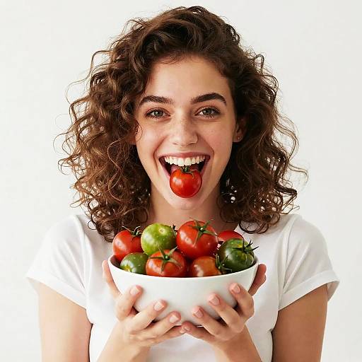 Photograph of a curly-haired woman with fair skin, smiling widely, tongue out, holding a white bowl of red and green cherry tomatoes against a white