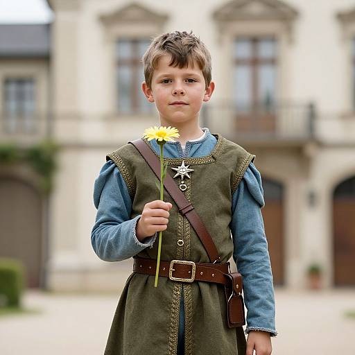 Photograph of a young boy with short brown hair, wearing a blue shirt and medieval-style green tunic, holding a daisy, standing in front