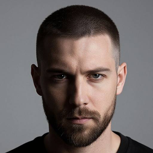 Photograph of a serious, bearded Caucasian man with short dark hair, piercing blue eyes, and a shadowed face against a gray background.