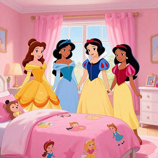 Digital illustration of five Disney Princesses in colorful gowns, standing in a bright pink bedroom with a bed featuring child-themed bedding.