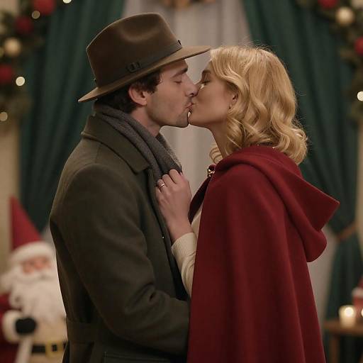 Romantic Christmas Kiss Under Decoration