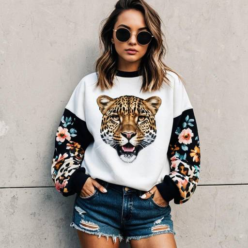 Woman in Leopard Graphic Sweatshirt and Denim Shorts