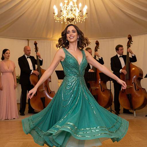 Photograph of a smiling woman in a sparkling teal, deep V-neck ball gown twirling in a elegant tented room with a chandelier, musicians