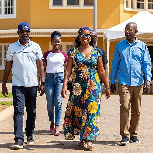 Photograph of four Black adults walking outdoors on a sunny day, with vibrant yellow building in background. Woman wears colorful floral dress, others in casual clothes