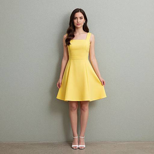Photograph of a young woman with long black hair, wearing a bright yellow sleeveless dress and white strappy heels, standing against a plain light green