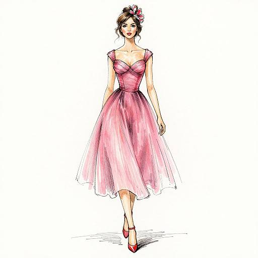 Digital sketch of a confident woman in a pink, sleeveless, V-neck, knee-length dress with a floral hair accessory, and red heels, walking