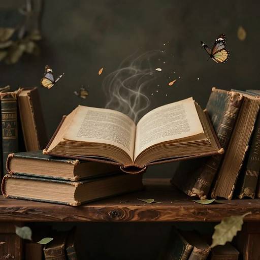 Photograph of an open, glowing book with steam rising, surrounded by old books and floating butterflies against a dark background.