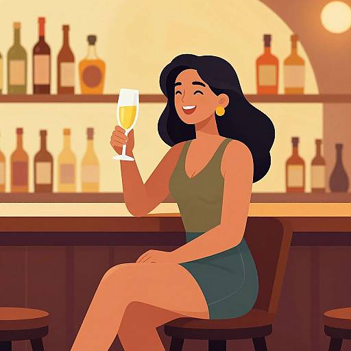 Digital illustration of a smiling woman with black hair, wearing a green tank top and blue skirt, holding a glass of champagne, seated at a bar with