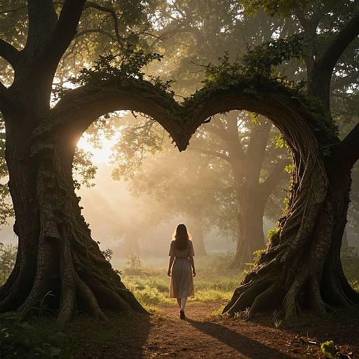 Photograph of a woman in a white dress walking through a heart-shaped tree arch in a misty, sunlit forest.