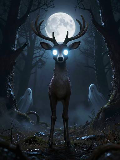 Digital artwork of a glowing blue-eyed, antlered deer in a dark, misty forest under a full moon, with two ghostly white figures