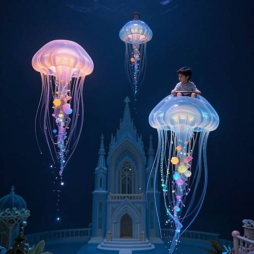 Photograph of a child in a transparent jellyfish costume with glowing lights, floating above a Gothic-style building at night.
