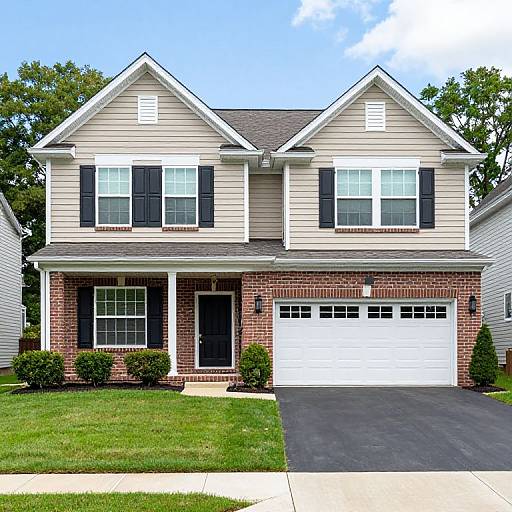 Two-Story Beige House with Brick Accents