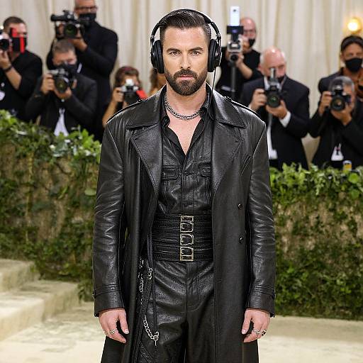 Photograph of a bearded man with dark hair wearing a black leather coat, shirt, and belt, with headphones, standing in front of photographers and