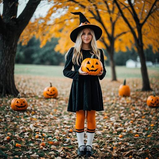 Halloween Girl with Pumpkin and Tree