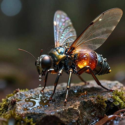 Close-up photograph of a metallic, iridescent fly with transparent wings, glistening eyes, and a glowing orange abdomen, standing on a mossy