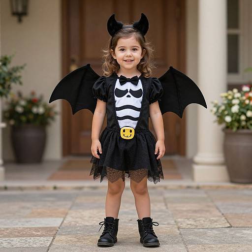 Photograph of a young girl with brown hair, wearing a black bat costume with wings, bow tie, striped shirt, and black boots, standing on
