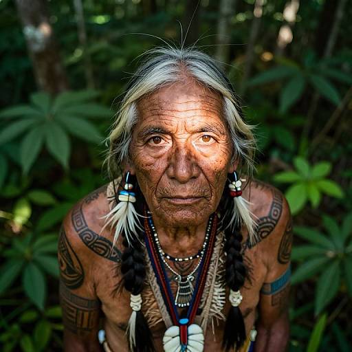 Photograph of an elderly indigenous man with long gray and black braids, intricate tattoos, and traditional beaded necklaces, standing in a lush,