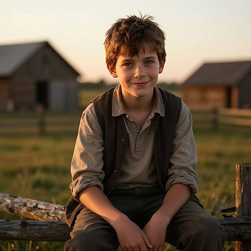 Photograph of a young boy with tousled brown hair, wearing a beige shirt and dark vest, sitting on a wooden fence at sunset, with blurred