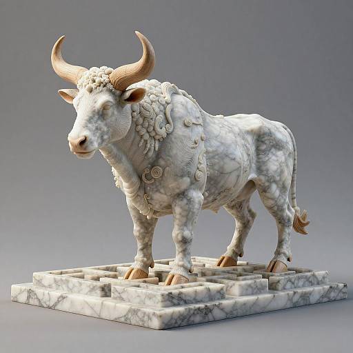 Photorealistic CGI of a white marble statue of a powerful bull with intricately detailed horns and ornate neck adornments, standing on a marble base