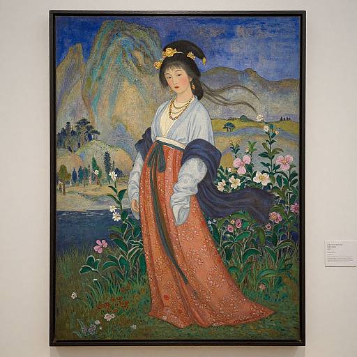 Traditional East Asian painting of a serene woman in a red dress, white blouse, and black shawl, standing amidst flowers, with mountains and a river