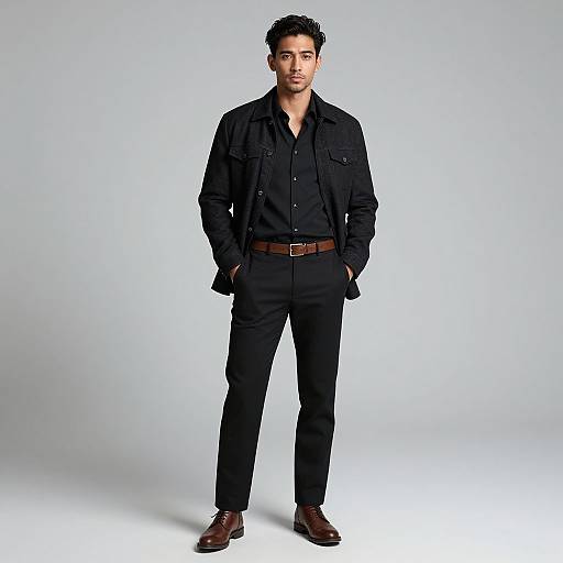 Photograph of a handsome man with dark curly hair, black button-up shirt, black pants, brown belt, and brown shoes, standing against a plain
