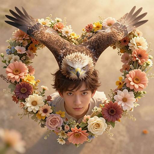 Photograph of a young man with brown hair, wearing a light shirt, surrounded by a flower wreath with a eagle perched on top, glowing