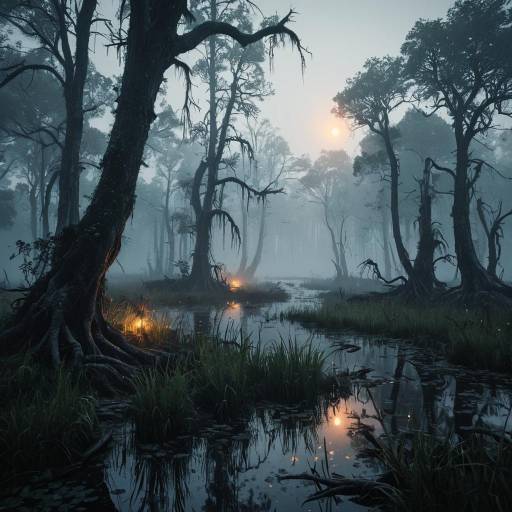 Misty Swamp with Glowing Fireflies at Dawn