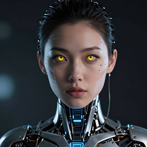 CGI portrait of a cybernetic woman with glowing yellow eyes, dark hair, and intricate circuit patterns on her face and neck, against a dark