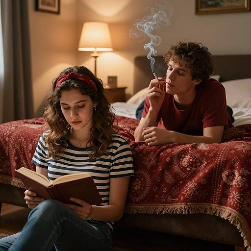 Couple in dimly lit room with book and cigarette