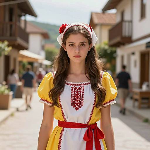 Young Woman in Traditional Folk Dress in Village Street