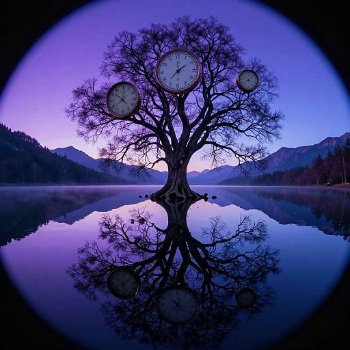 Photograph of a leafless tree with four clock faces, reflected in a still, purple-tinged lake at twilight, surrounded by mountains.