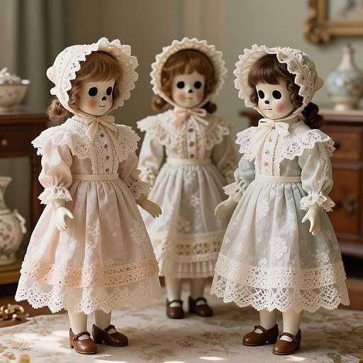 Photograph of three vintage porcelain dolls in white and pale blue lace dresses with bonnets, standing in a Victorian-style room.