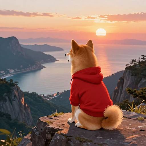 Digital art of a fluffy Shiba Inu in a red hoodie, sitting on a rocky cliff, gazing at a sunset over a coastal mountain range
