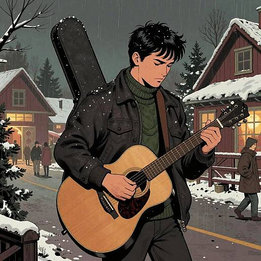 Street Musician Playing Acoustic Guitar on Snowy Winter Evening