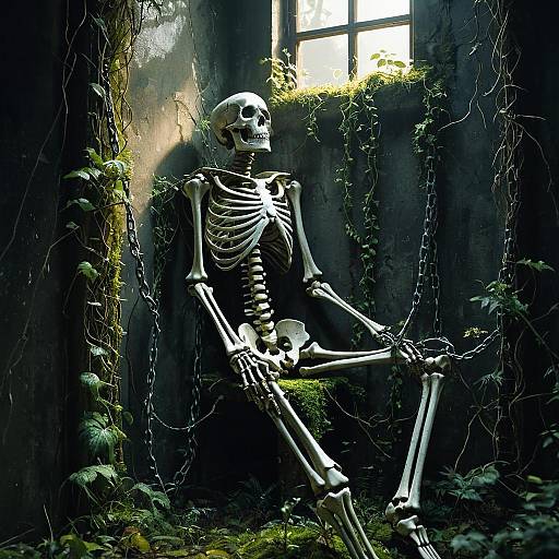 Skeleton Chained in Overgrown Room