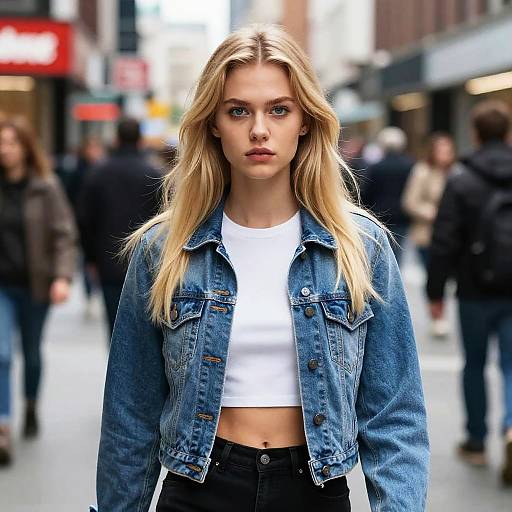 Blonde woman with blue eyes, wearing a white crop top and blue denim jacket, stands confidently in a busy urban street. Photograph.