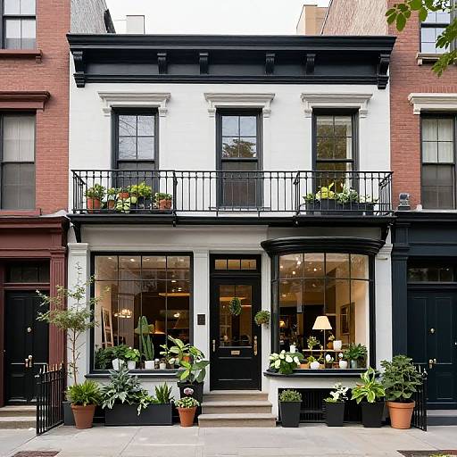 Photograph of a charming, black-and-white townhouse with black railings, potted plants, and large windows, framed by red brick buildings.