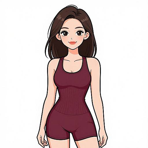 Digital anime-style drawing of a smiling young woman with straight black hair, wearing a maroon tank top and shorts, standing against a plain white background.