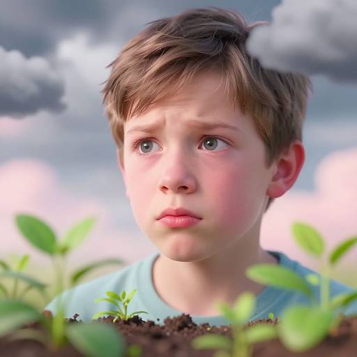Photorealistic CGI of a young boy with light brown hair, blue eyes, and fair skin, looking pensively at green plants in soil, with